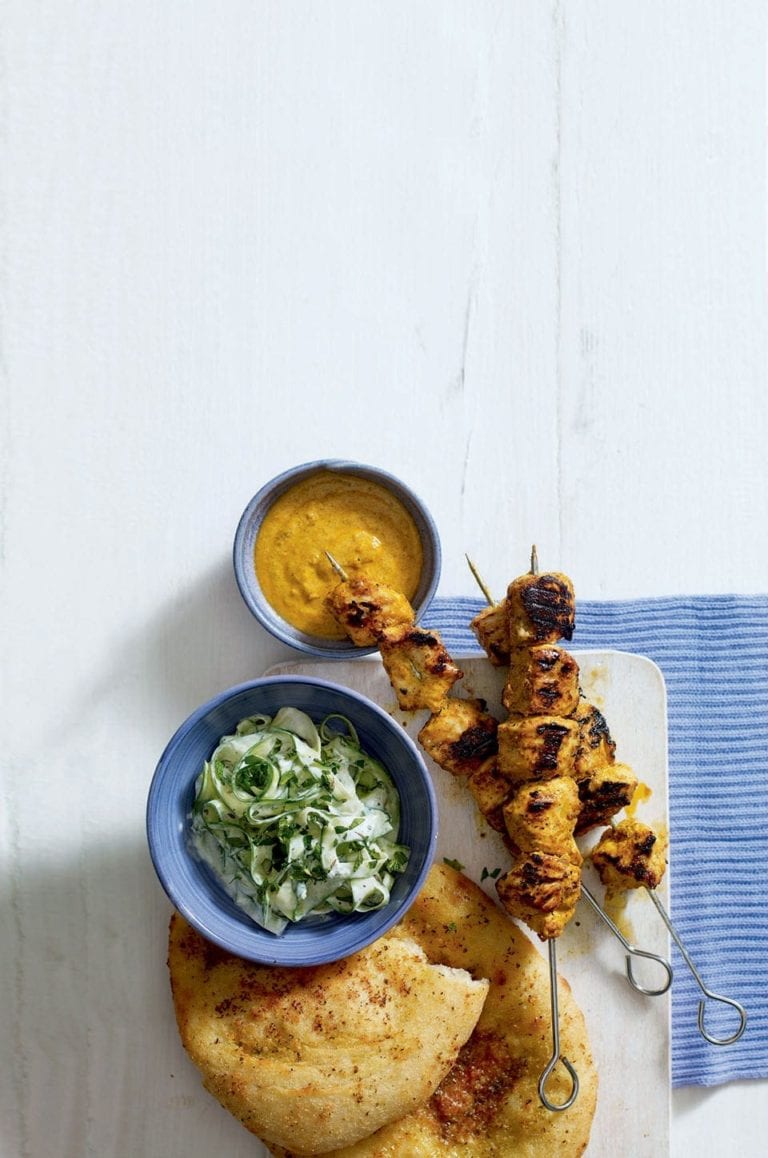 Chicken tikka masala skewers with yogurt cucumber salad