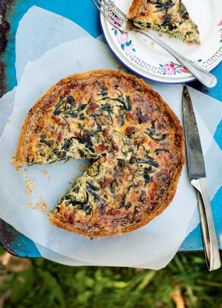 Deep-dish Gruyère, spinach and bacon quiche with walnut pastry