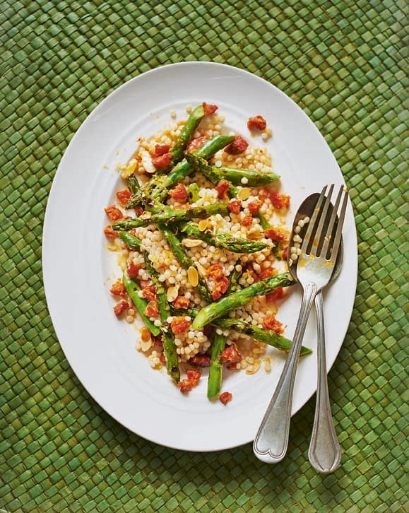 Warm salad of asparagus, giant couscous and chorizo