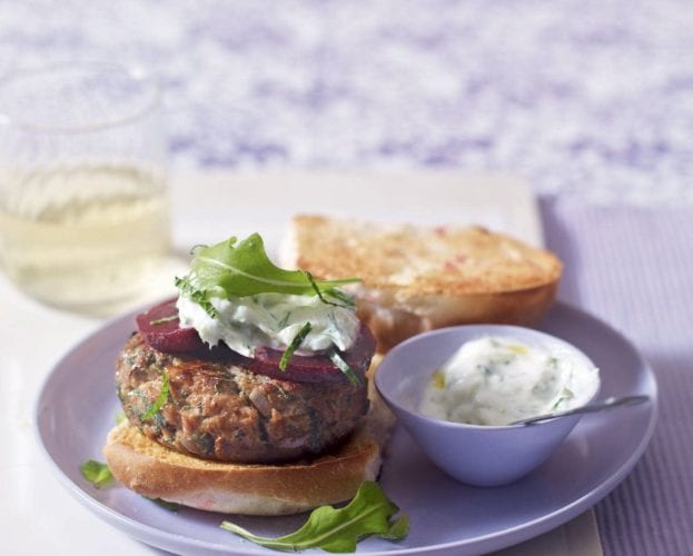 Spiced lamb burgers with sweet potato chips