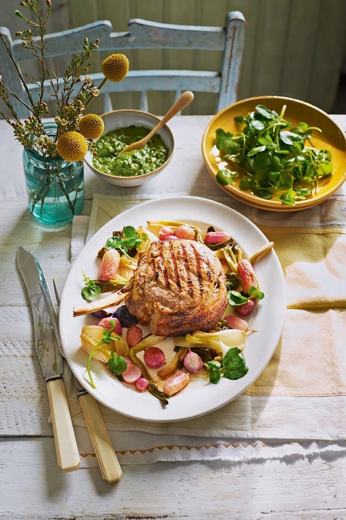 Veal rib chop with salsa verde and roasted veg