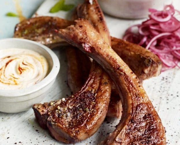 Smoky chargrilled lamb cutlets with mint and chipotle soured cream