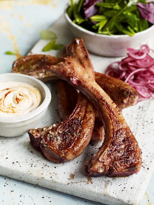 Smoky chargrilled lamb cutlets with mint and chipotle soured cream