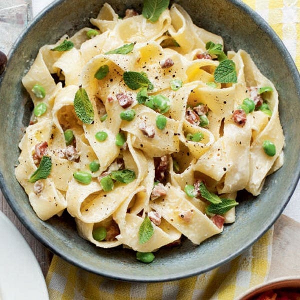Pappardelle with white wine, cream, broad beans and pancetta