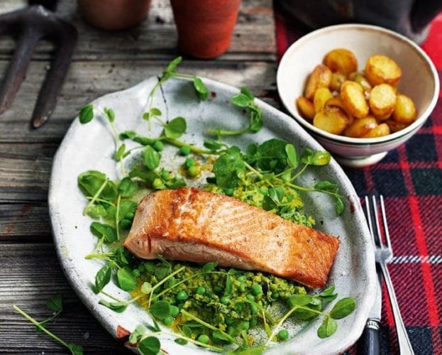 Roast trout with butterbeans, courgettes and seaweed