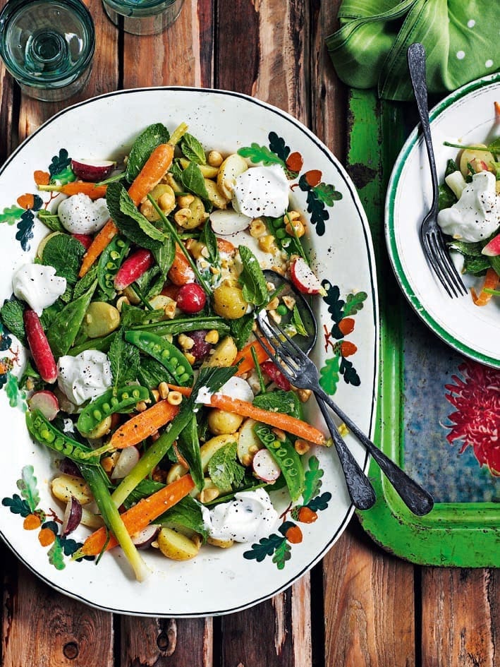 Warm baby veg salad with goat’s curd and sherry vinaigrette