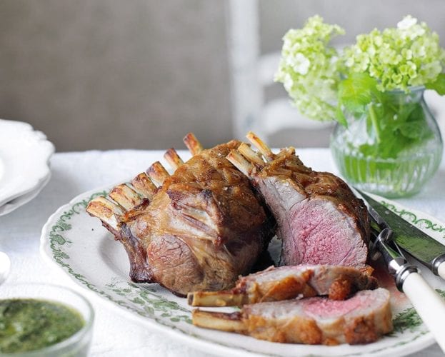 Herb-crusted rack of lamb with beans, artichokes and garlic