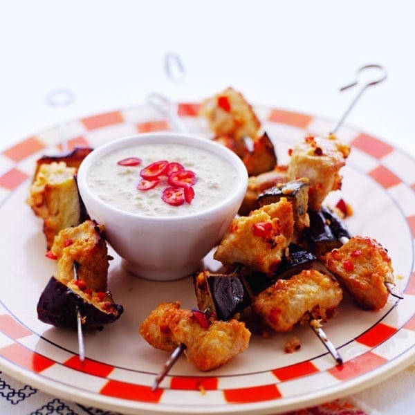 Turkey and aubergine satay skewers