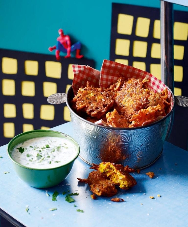 Carrot and ginger bhajis with coriander dip