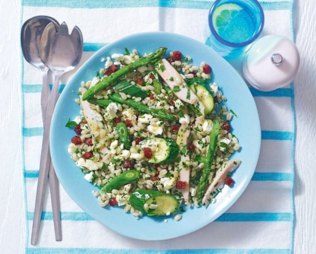 Quick smoked chicken and barley salad with chorizo and feta