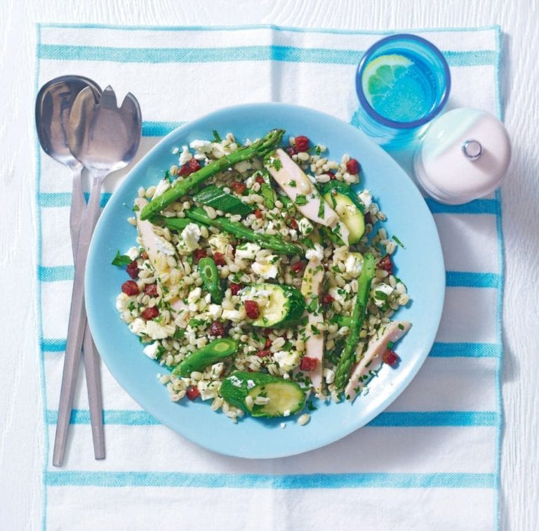 Quick smoked chicken and barley salad with chorizo and feta