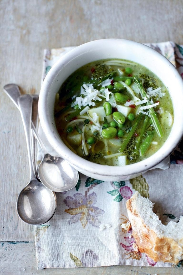 Spring vegetable minestrone with broken spaghetti