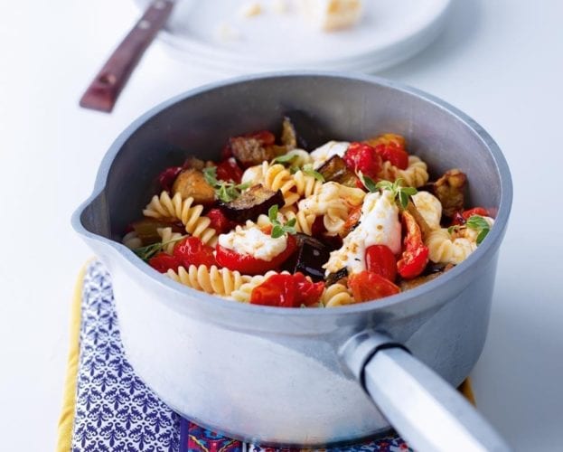 Roast aubergine, tomato and mozzarella pasta