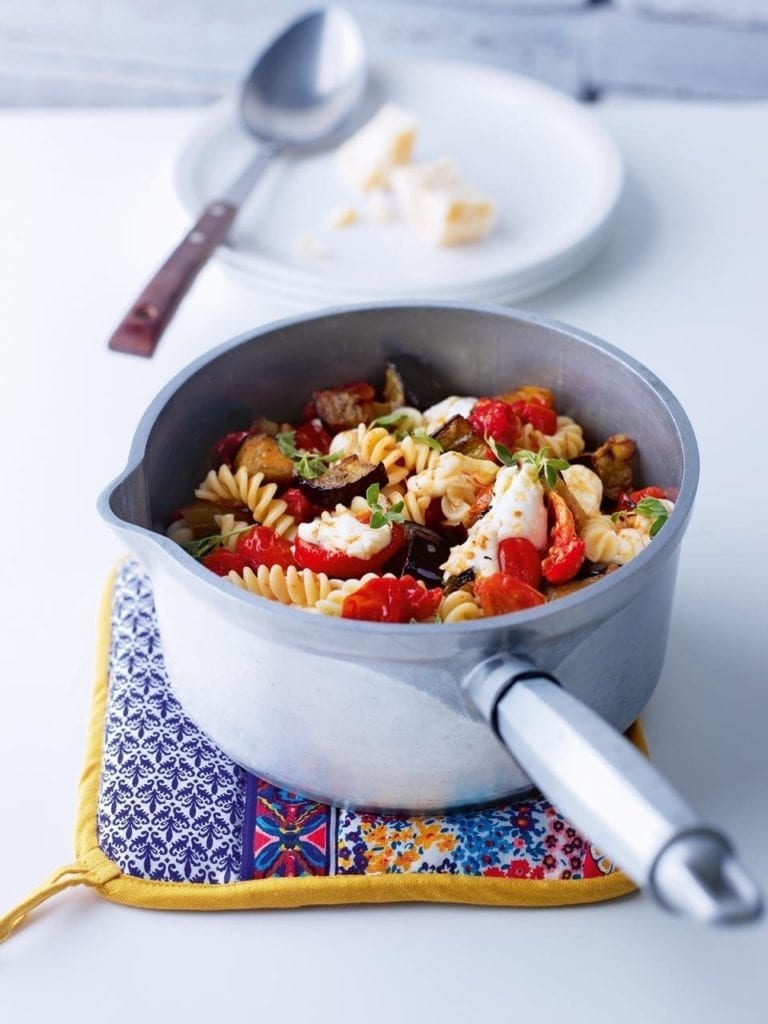 Roast aubergine, tomato and mozzarella pasta