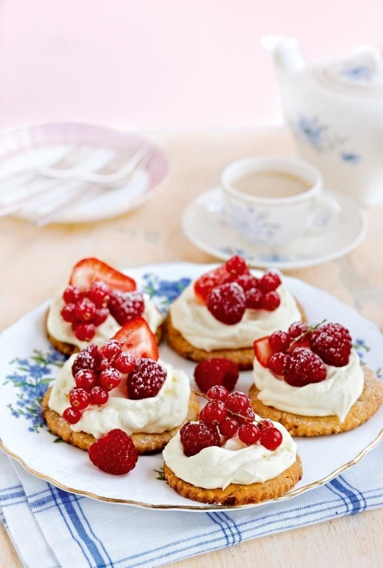 Summer berry shortbread tarts with rose cream