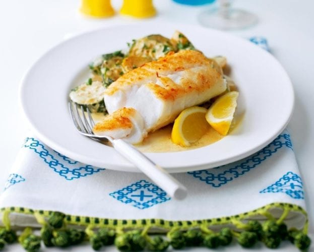 Pan-fried cod with creamy new potatoes and courgettes