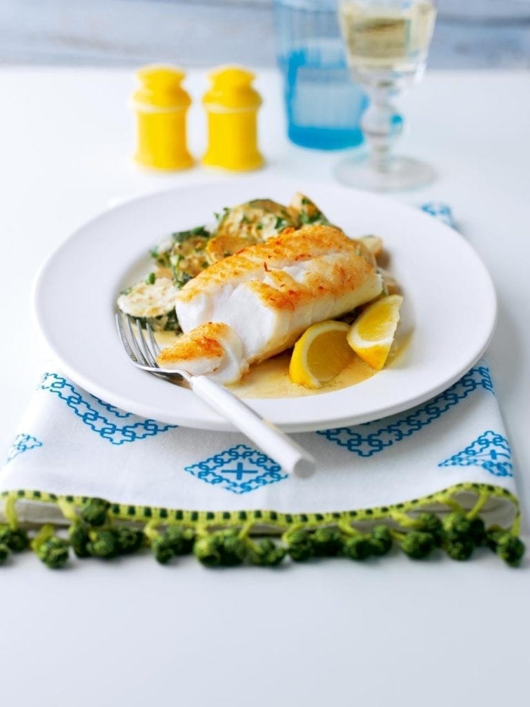 Pan-fried cod with creamy new potatoes and courgettes