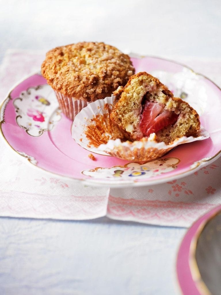 White chocolate strawberry-centre muffins