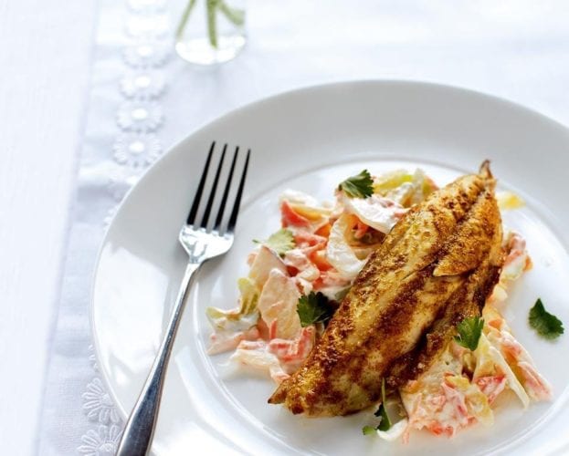 Griddled mackerel fillets with fennel and cucumber coleslaw