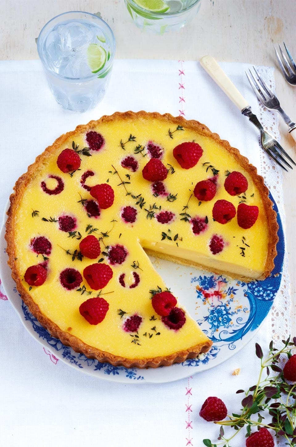 image of Raspberry and Thyme Custard Tart recipe by Delicious Magazine