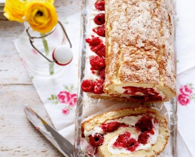 White chocolate and raspberry swiss roll
