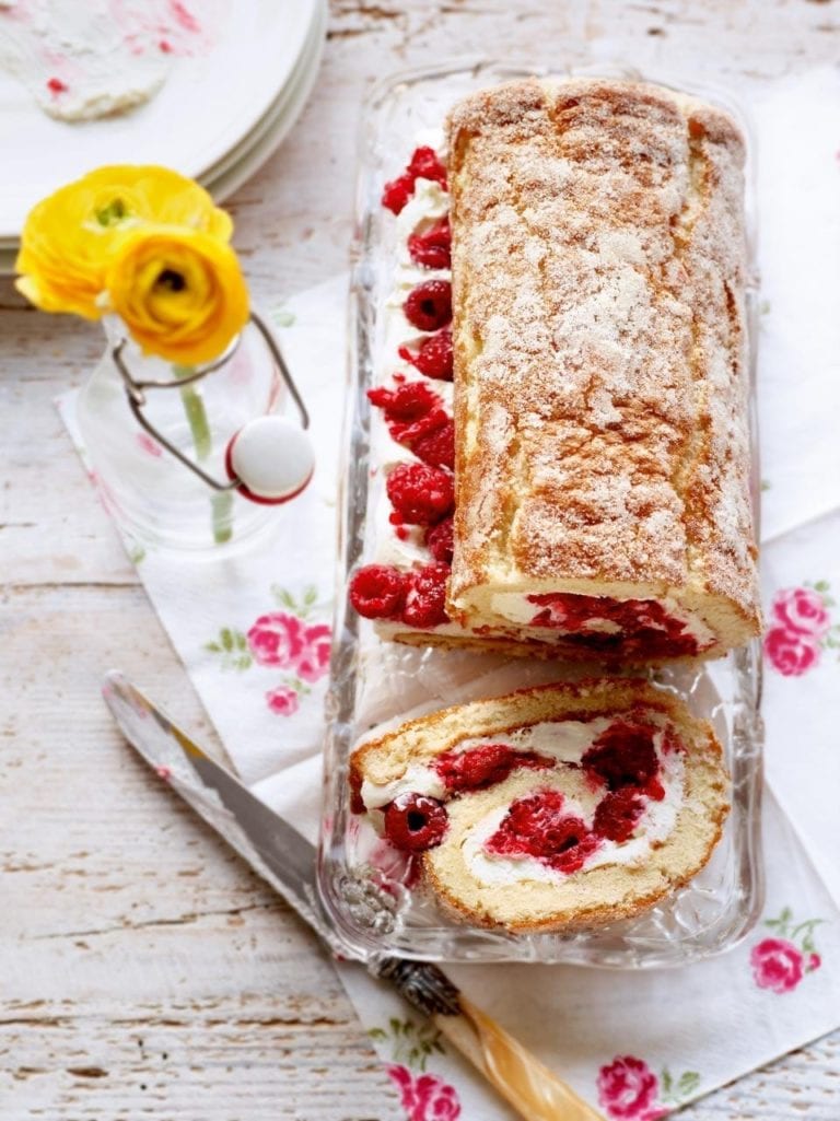 White chocolate and raspberry swiss roll