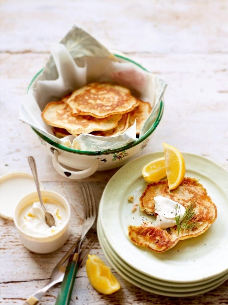 Smoked salmon and dill drop scones with lemon crème fraîche