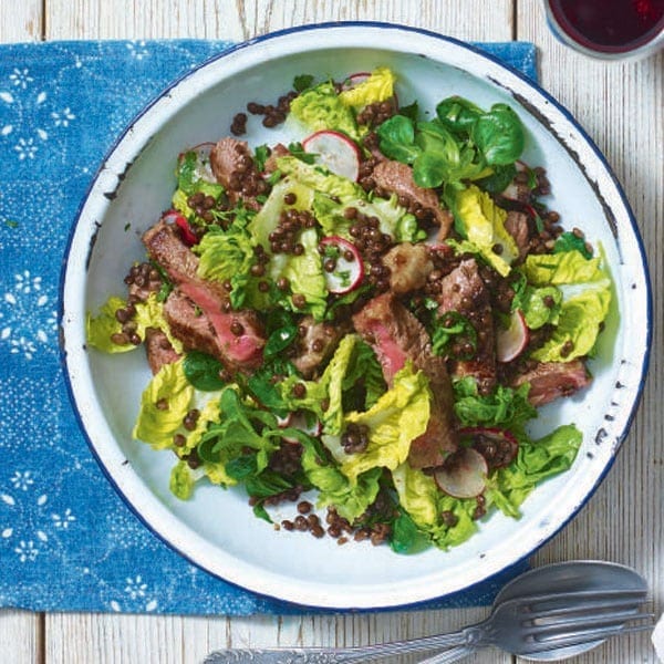 Warm beef and lentil spring salad