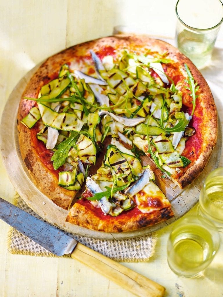 Courgette, marinated anchovy and rocket pizza