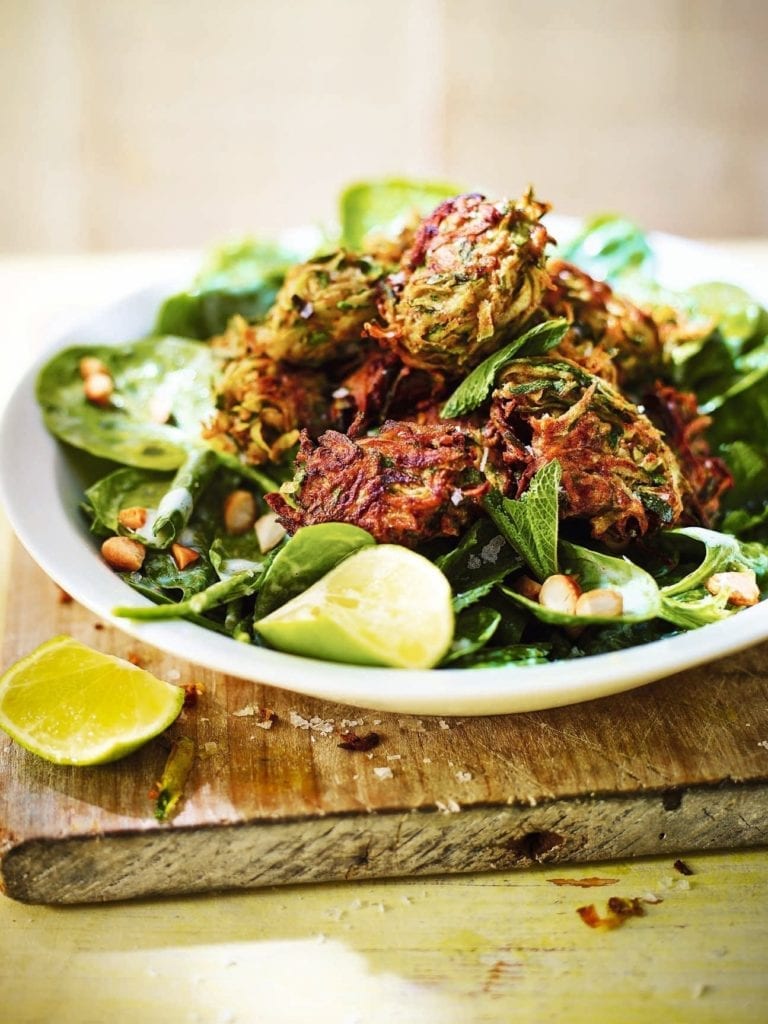 Courgette bhajis with salad and buttermilk dressing