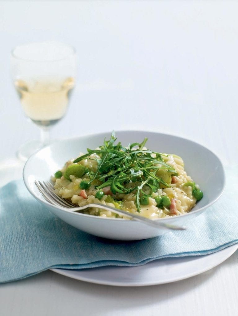 Pea, leek, pancetta and Taleggio risotto