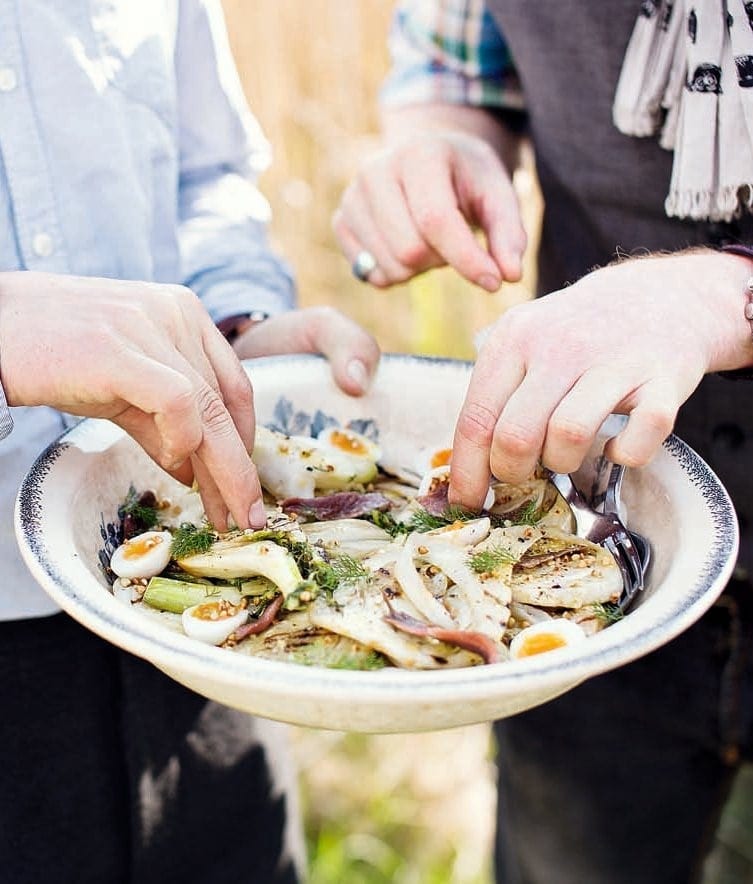 Griddled fennel with anchovies, quail eggs and buckwheat