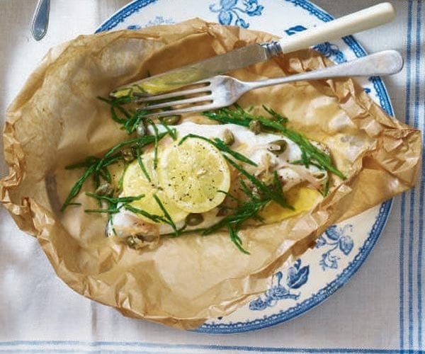Flaked fish parcels with soy and mirin dressing