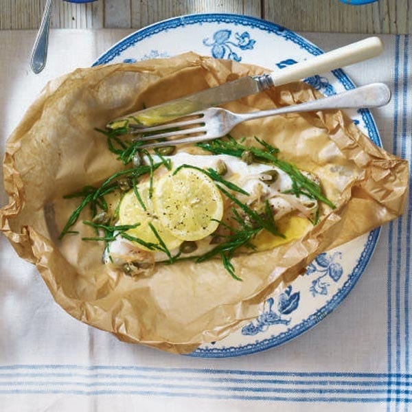 Fish parcels with lemon, capers and samphire