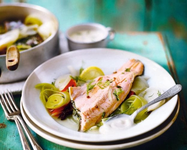 Steamed brown trout with vegetables poached in white wine