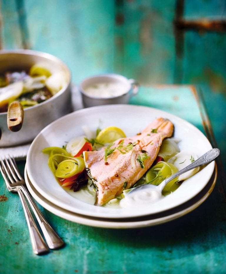 Steamed brown trout with vegetables poached in white wine