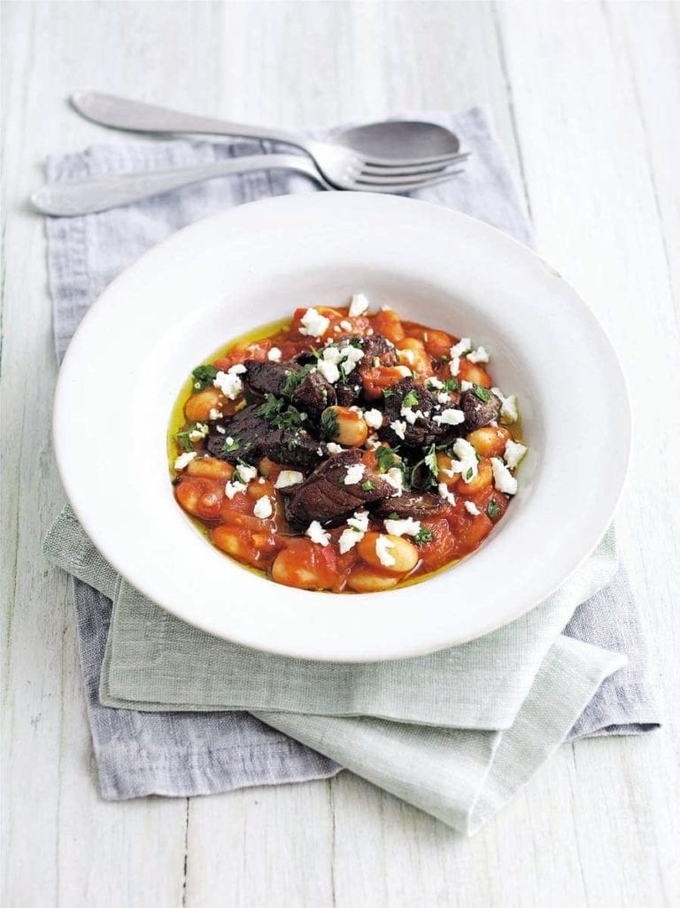 Butter beans in tomato sauce with lamb and feta