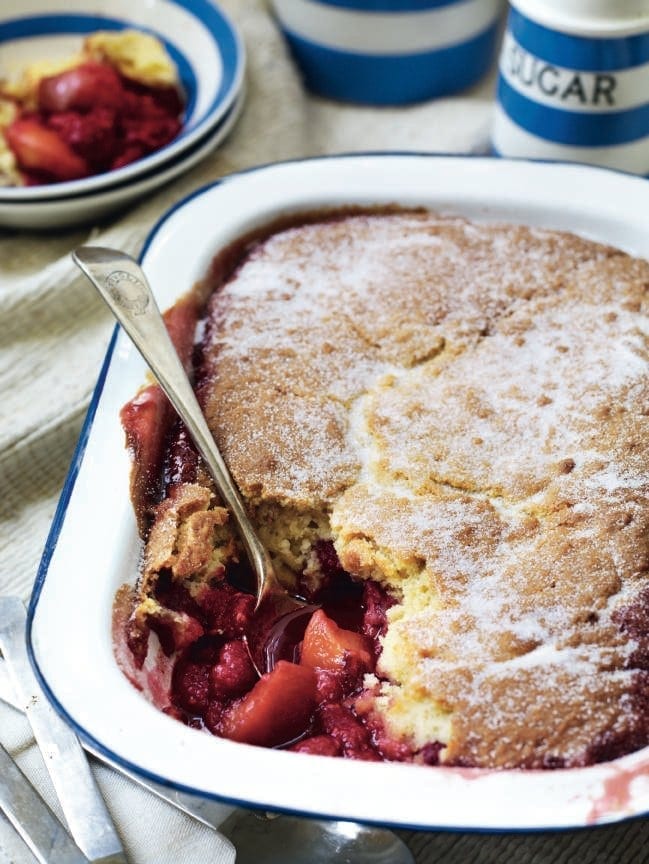 Easy peach and raspberry baked sponge pudding