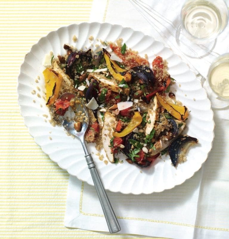 Marinated chicken with roasted veg and quinoa