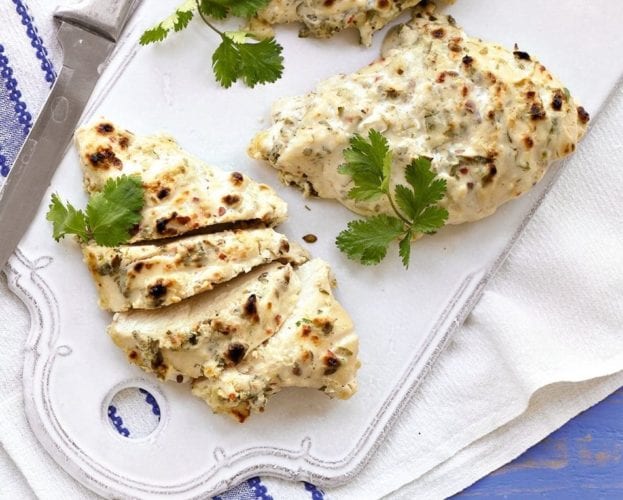 Chilli-marinated chicken kebabs with sweet shallot and chickpea salad