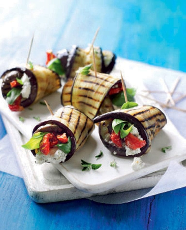 Feta, yogurt and aubergine rolls