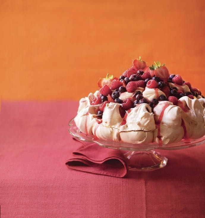 Summer fruit and rose pavlova