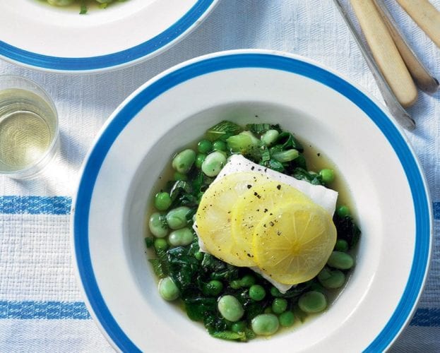 Baked fish with braised beans-and-greens broth