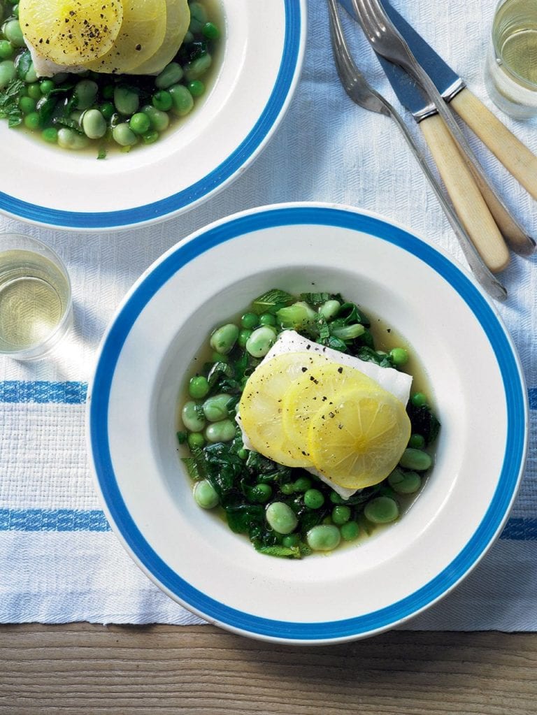 Baked fish with braised beans-and-greens broth