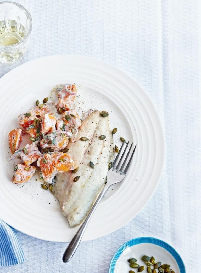 Grilled sea bream fillets with sweet potato salad