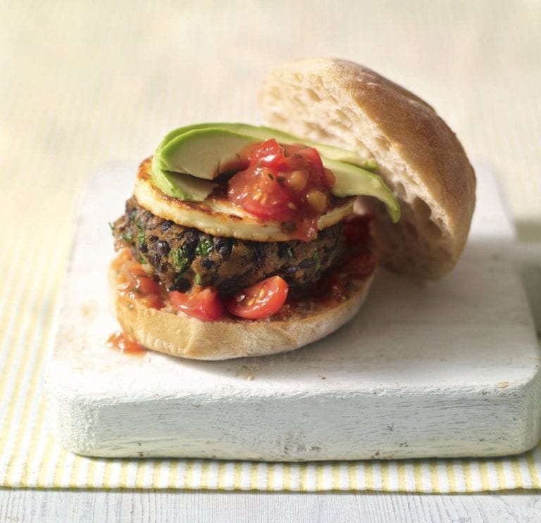 Black bean burger with seared halloumi