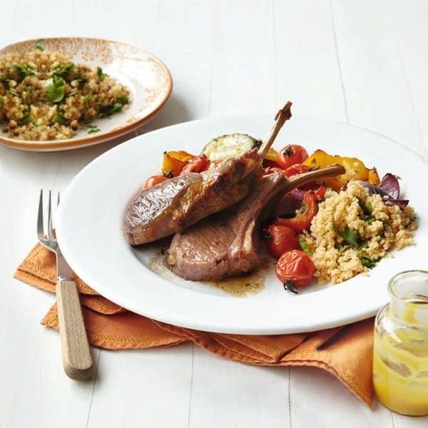 Honey-mustard lamb with vegetables and couscous