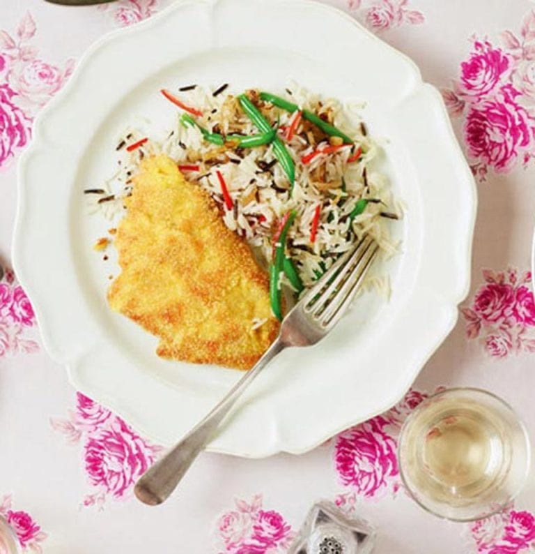 Polenta crusted pork with buttered wild rice and green beans