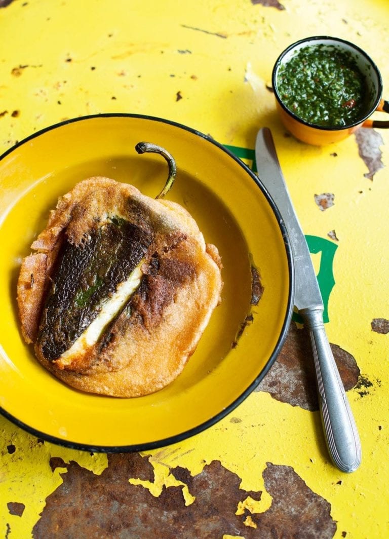 Cheese-stuffed chillies with spicy salsa