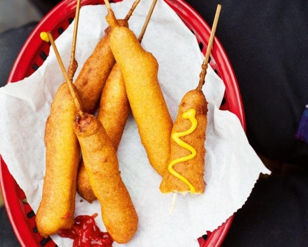 Hot dogs with sauerkraut and crispy fried onions